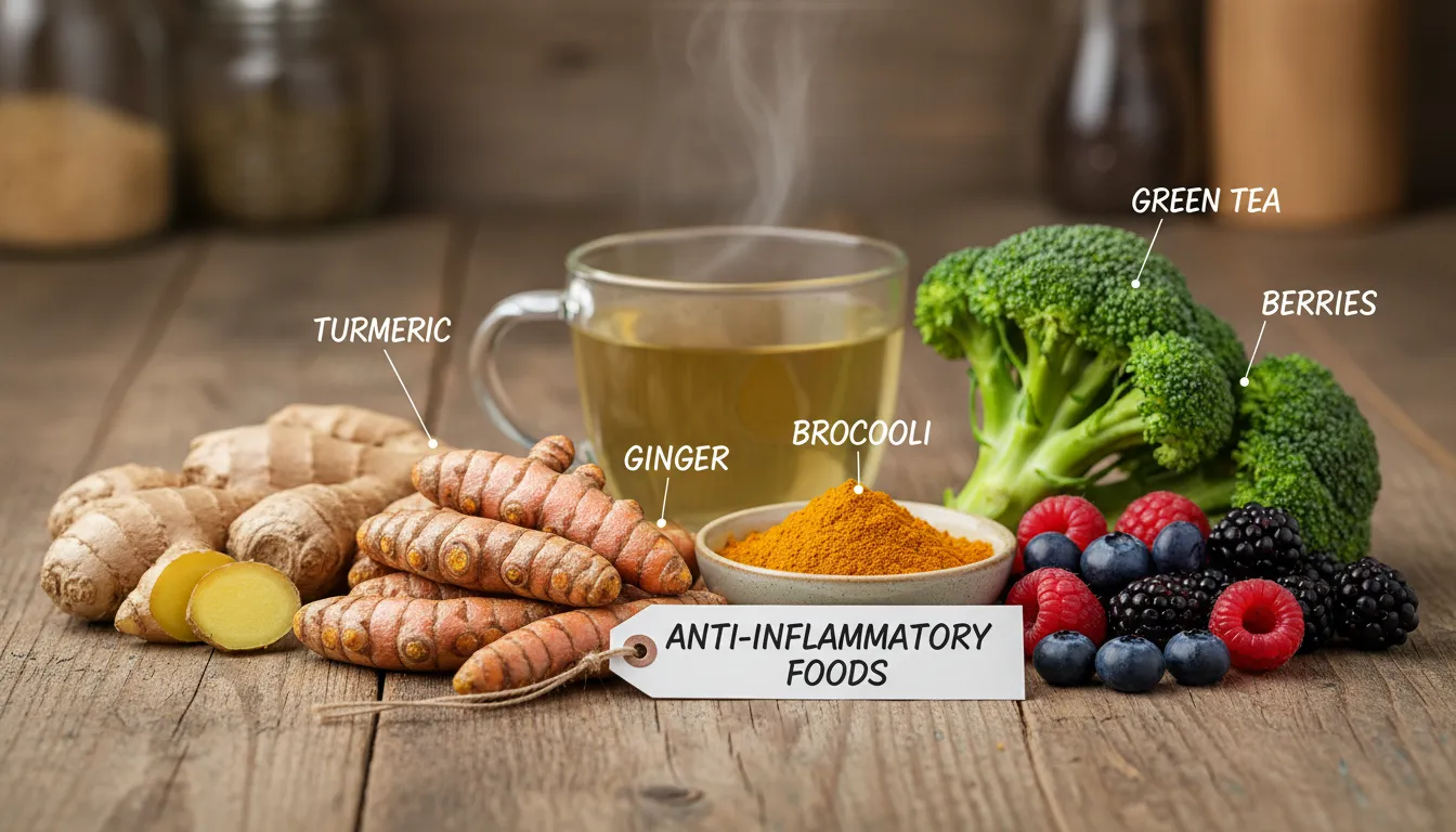 Close de alimentos anti-inflamatórios frescos dispostos para preparo, destacando cores e texturas naturais.