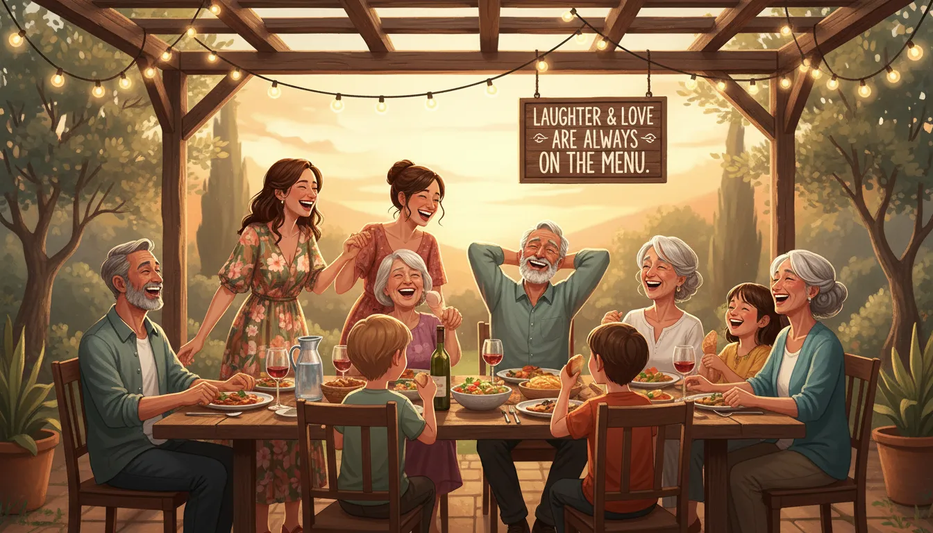 Ilustração de família e amigos compartilhando uma refeição ao ar livre.