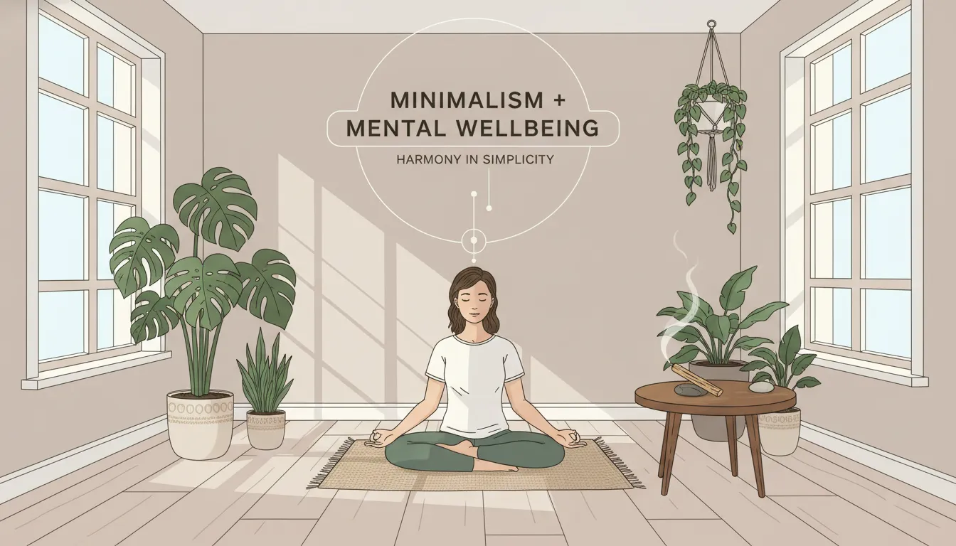 Pessoa meditando em ambiente minimalista e harmonioso, transmitindo bem-estar mental.