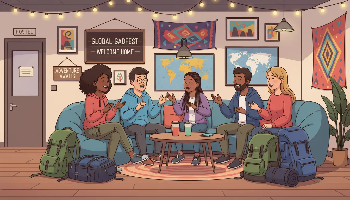 Viajantes solos conversando e socializando em um hostel, mostrando conexões espontâneas e diversidade.